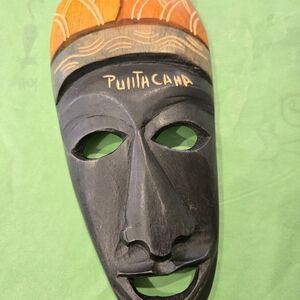 Hand-Carved Punta Cana Decorative Mask in Black and Orange